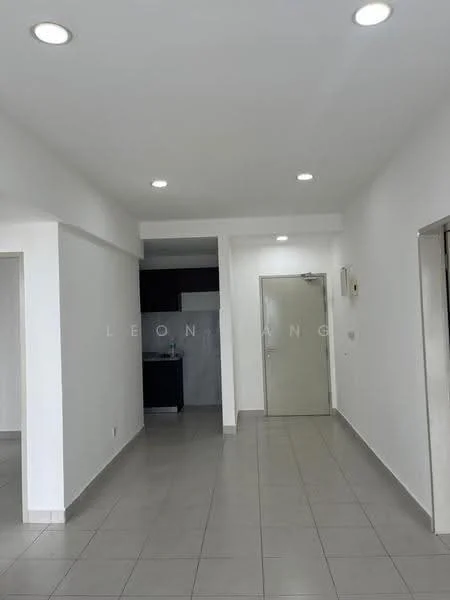 Room features: white painted walls, tile flooring, recessed downlights, open layout, kitchen area visible, door to adjacent room, air conditioning unit, neutral color scheme; style: modern.