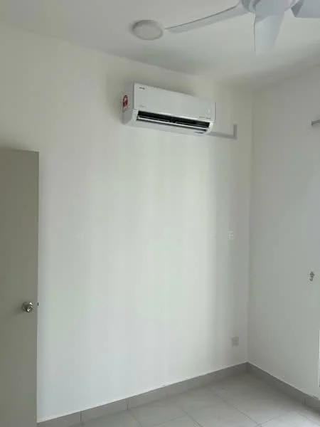 Room features: white painted walls, ceiling fan, 1 wall-mounted split AC, tile flooring, single door, window with treatment.