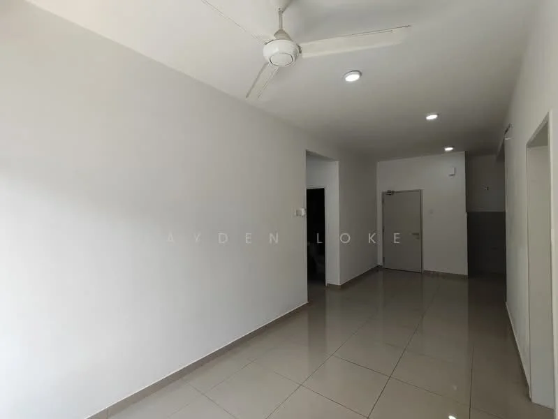Room features: white painted walls, glossy ceramic tile flooring, ceiling fan, recessed LED downlights, doorway leading to another room, doorway leading to bathroom, neutral color scheme; style: modern.