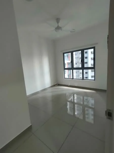 Room features: white painted walls, grey floor tiles, 5-blade ceiling fan, floor-to-ceiling windows, window treatments, natural light, neutral color scheme, no visible furniture; style: modern; view: city.