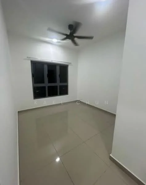 Room features: white painted walls, glossy ceramic tile flooring, ceiling fan, floor-to-ceiling windows, roller blinds; style: modern.