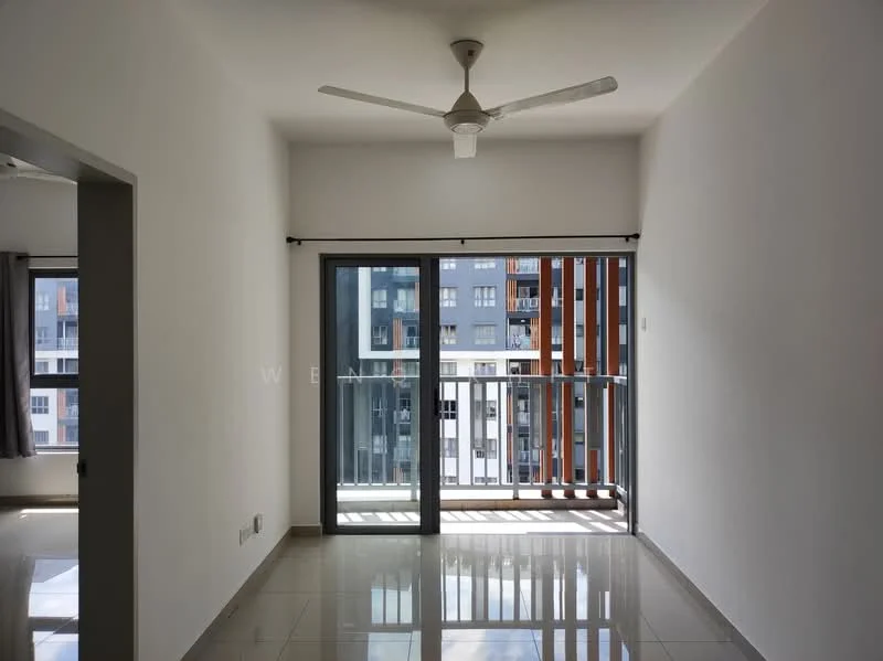Living features: white painted walls, glossy ceramic tile flooring, 5-blade ceiling fan with light, floor-to-ceiling sliding glass door, balcony with railing, curtain rod, natural light from balcony, neutral color scheme; style: modern; view: city.