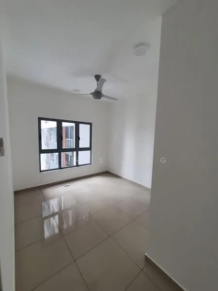 Room features: white painted walls, glossy ceramic tile flooring, ceiling fan, large window with black frame, natural light, neutral color scheme, no visible furniture; style: modern.