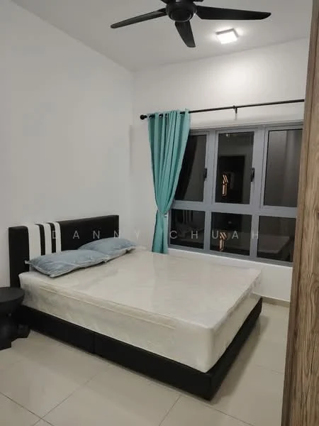 Bedroom features: queen-size bed, black bed frame, white mattress, light blue curtains, floor-to-ceiling windows, ceiling fan, white painted walls, tile flooring; style: modern.