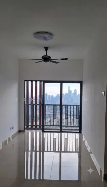Living features: white painted walls, polished tile flooring, 5-blade ceiling fan, floor-to-ceiling windows, sliding glass door, city skyline view; style: modern; view: city.