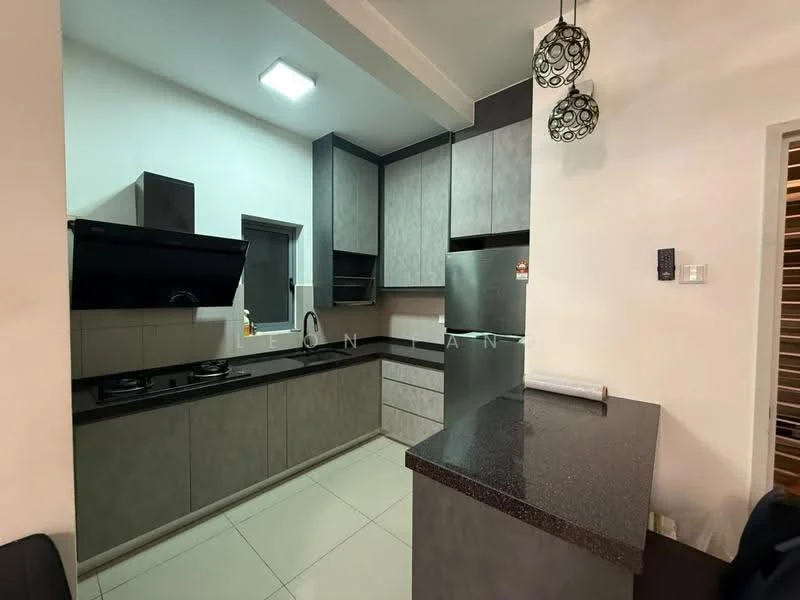 Kitchen features: grey cabinetry, black countertop, stainless-steel fridge, built-in gas hob, black glass backsplash, single-bowl stainless-steel sink, chrome pull-down faucet, recessed ceiling lights, tile flooring, open layout, kitchen island with seating; style: modern.
