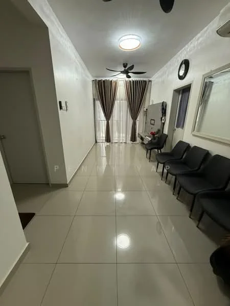 Room features: white painted walls, glossy ceramic tile flooring, 5-blade ceiling fan with light, large windows with sheer curtains, wall-mounted mirror, wall clock, seating area with black chairs, decorative wall panel, doorway leading to another room; style: modern.