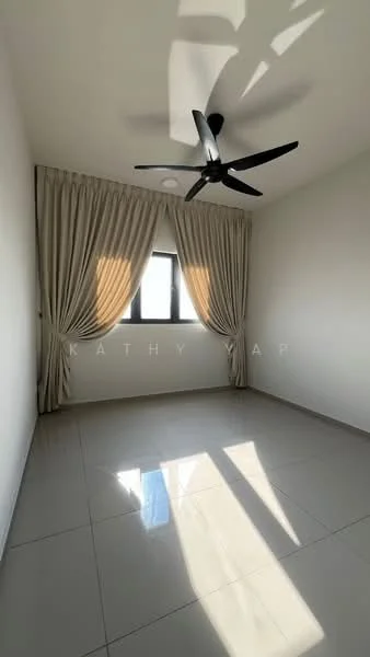Bedroom features: light grey walls, glossy tile flooring, 5-blade ceiling fan, floor-to-ceiling window, sheer curtains, natural light from window, no visible furniture; style: modern.