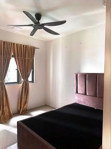 Bedroom features: queen-size bed, upholstered headboard, 5-blade ceiling fan, floor-to-ceiling windows, sheer curtains, blackout curtains, cream painted walls, glossy tile flooring; style: modern.