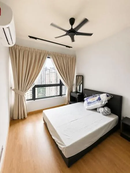 Bedroom features: queen-size bed, upholstered headboard, 2 bedside tables, floor-to-ceiling windows, sheer curtains, blackout curtains, 5-blade ceiling fan, wall-mounted split AC, wooden flooring, decorative mirror; style: modern; view: city.
