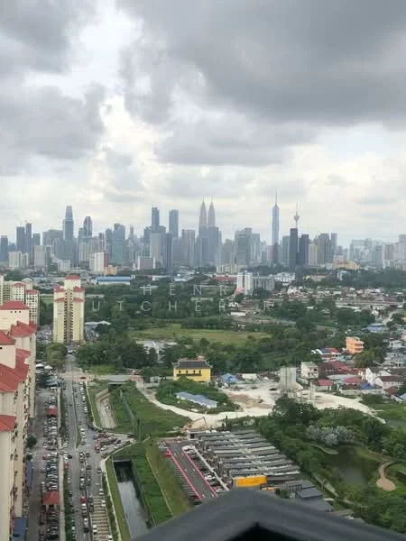 Exterior type: high-rise condominium; features: city skyline view, surrounded by greenery, urban context, multiple high-rise buildings, mixed-use development, roadway visible, waterway visible; style: modern.