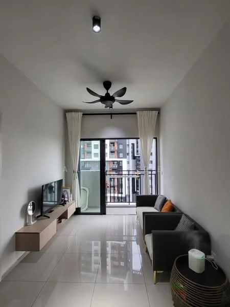 Living features: 5-blade ceiling fan with light, wall-mounted TV, TV console, sofa in grey, coffee table, floor-to-ceiling windows, sliding glass door, sheer curtains, glossy tile flooring, decorative pillows, decorative plant, neutral painted walls; style: modern; view: city.