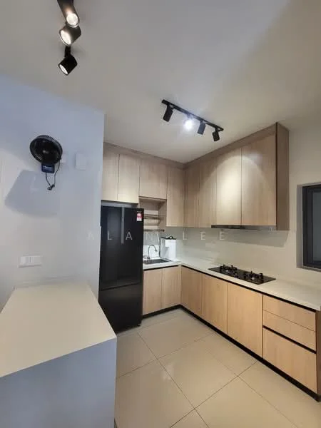 Kitchen features: light wood cabinetry, black refrigerator, stainless-steel gas hob, white countertop, single-bowl stainless-steel sink, chrome pull-down faucet, tile backsplash, recessed downlights, grey tile flooring, wall-mounted fan; style: modern.