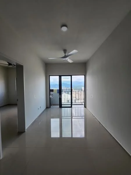 Living features: white painted walls, polished ceramic tile flooring, 5-blade ceiling fan with light, floor-to-ceiling sliding glass door, balcony access, natural light from large windows, neutral color scheme, open layout; style: modern; view: city.