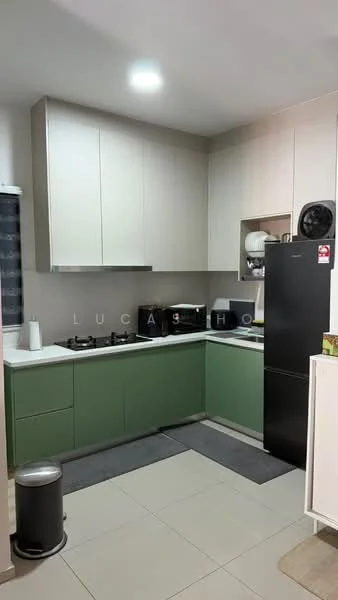 Kitchen features: green lower cabinets, white upper cabinets, black refrigerator, stainless-steel gas hob, black countertop, white backsplash, kitchen sink, grey floor tiles, recessed ceiling lights, kitchen trash bin, kitchen mat; style: modern.