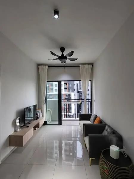 Living features: 5-blade ceiling fan with light, wall-mounted TV, TV console, sofa in black, coffee table, floor-to-ceiling sliding glass door, sheer curtains, white painted walls, glossy tile flooring, decorative plant, orange accent cushion, black and white decorative pillows; style: modern; view: city.