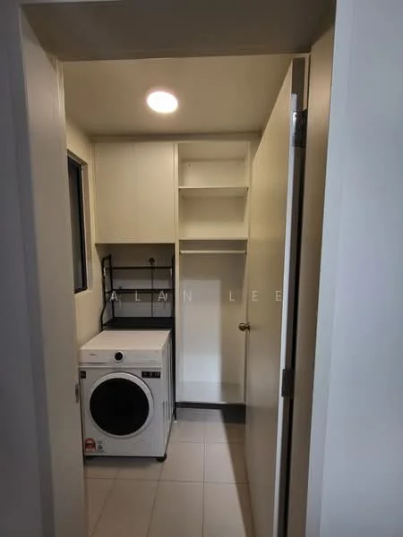 Laundry features: white walls, tile flooring, recessed ceiling light, front-load washing machine, open shelving, built-in cabinets, door to hallway, window for natural light; style: modern.