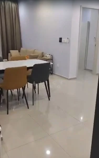 Dining features: rectangular dining table, 4 upholstered dining chairs in grey, 4 wooden dining chairs in brown, white walls, cream curtains, polished tile flooring, sofa in beige, wall-mounted light switch, open layout to adjacent room; style: modern. Room features: white walls, polished tile flooring, doorway leading to another room.