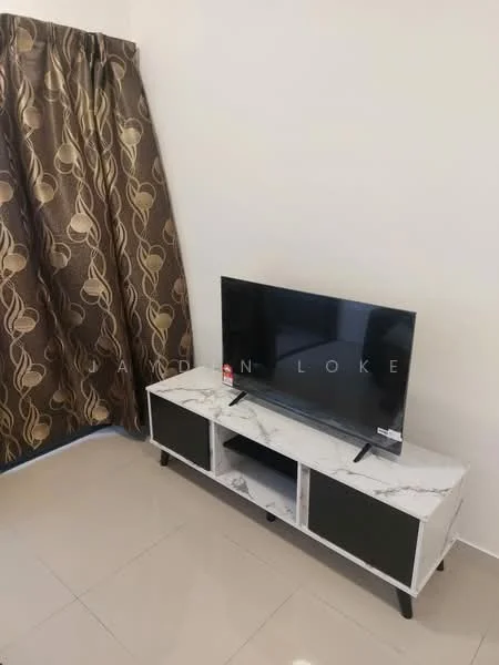 Living features: marble-top TV console, flat-screen TV, cream painted walls, beige floor tiles, brown patterned curtains, wall-mounted TV, decorative elements on console; style: modern.