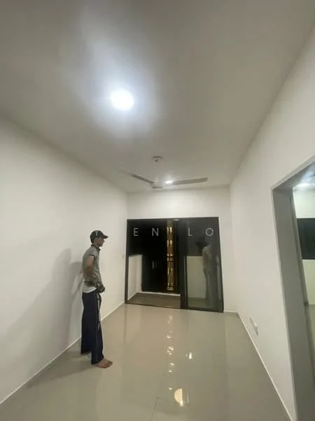 Room features: white painted walls, glossy tile flooring, ceiling fan, recessed ceiling lights, glass door, large window, neutral color scheme; style: modern.