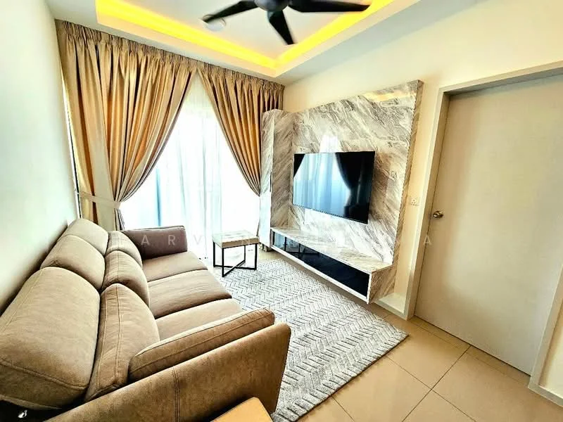 Living features: 3-seater fabric sofa in beige, 2-seater fabric sofa in beige, coffee table, wall-mounted TV, TV console with marble finish, floor-to-ceiling windows with sheer curtains, recessed downlights, ceiling fan, area rug with geometric pattern, decorative wall panel with marble finish; style: modern.