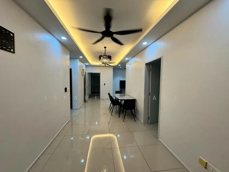 Room features: white painted walls, glossy tile flooring, recessed LED downlights, 5-blade ceiling fan, chandelier, dining table with chairs, open layout, wall-mounted TV, doorway leading to another room; style: modern.