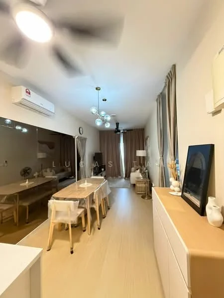 Living features: 5-blade ceiling fan with light, wall-mounted split AC, dining table with transparent chairs, wooden sideboard, decorative vases, floor-to-ceiling curtains, light fixture with multiple bulbs, laminate flooring, sofa, coffee table, wall-mounted mirror, wall art; style: modern.