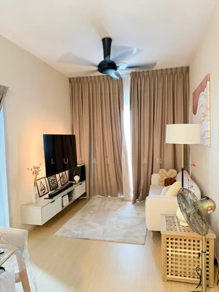 Living features: 3-seater fabric sofa in white, floor-to-ceiling windows, sheer curtains, blackout curtains, TV console with storage, wall-mounted TV, area rug with neutral color, ceiling fan with light, decorative wall art, lamp with fabric shade, decorative throw pillows, wooden side table, fan on side table; style: modern.