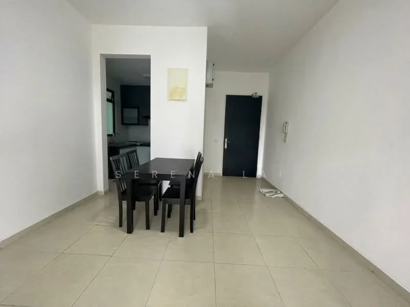 Dining features: square dining table, 4 black dining chairs, cream tiled flooring, white painted walls, single light fixture, doorway leading to kitchen, doorway leading to hallway, no visible decor; style: minimalist.