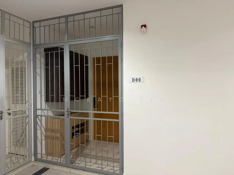 Room features: metal security gate, white walls, tile flooring, wooden paneling, numbered door, light fixture, storage area, open space; style: modern.