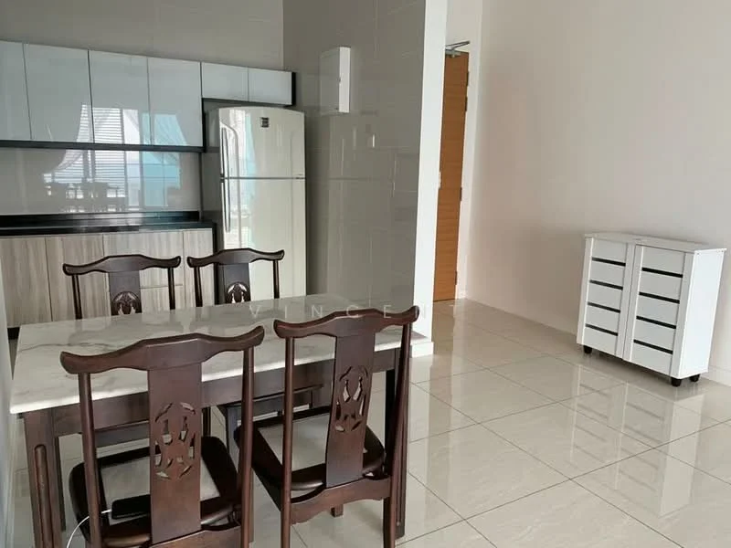 Dining features: 6-seater dining table with marble top, wooden dining chairs, white cabinetry, stainless-steel fridge, black countertop, glossy tile flooring, white walls, large window with natural light; style: modern. Room features: white storage cabinet, light-colored walls, doorway leading to another room.