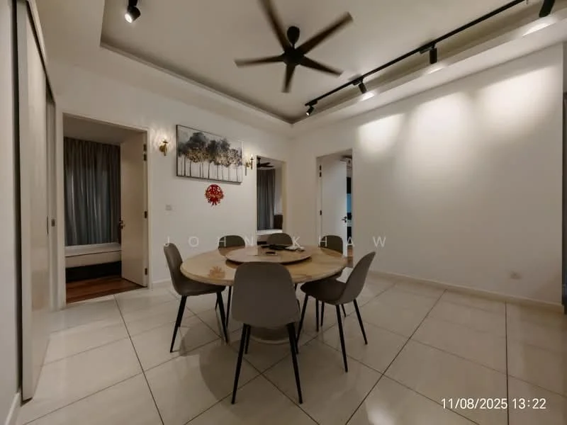 Dining features: round wooden dining table, 4 upholstered dining chairs, 5-blade ceiling fan with light, white painted walls, tile flooring, recessed downlights, decorative wall art, curtains, doorway leading to another room; style: modern.
