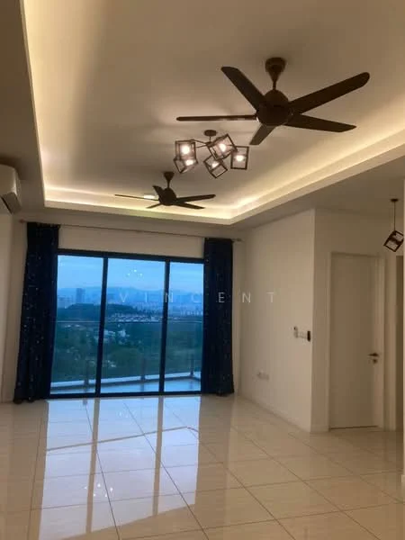 Living features: 5-blade ceiling fan with integrated LED light, recessed downlights, floor-to-ceiling windows, sliding glass door, blue curtains, white painted walls, glossy tile flooring, decorative pendant lights; style: modern; view: city.