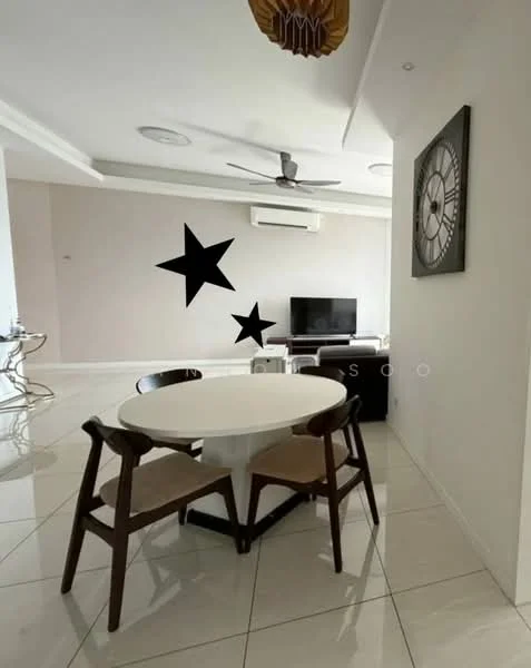 Dining features: round dining table, 4 wooden dining chairs, white tabletop, brown wooden legs, wall-mounted TV, 5-blade ceiling fan, recessed ceiling lights, cream painted walls, glossy tile flooring, decorative wall clock, black star wall decals, air conditioning unit; style: modern.