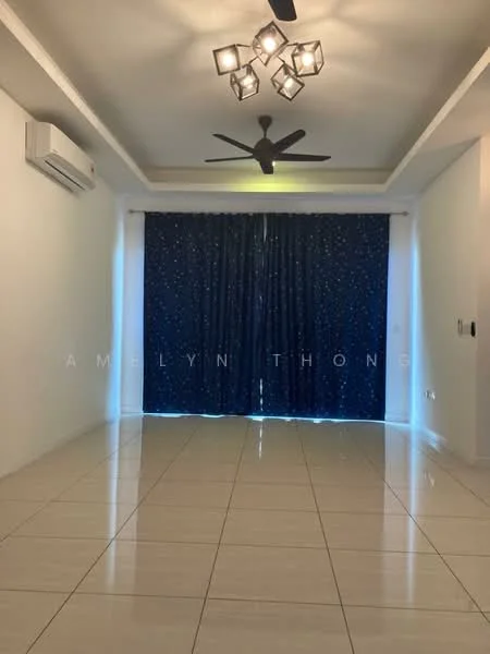 Living features: white painted walls, glossy ceramic tile flooring, tray ceiling, 5-blade ceiling fan with light, floor-to-ceiling windows, blue curtains with star pattern, air conditioning unit on wall, recessed lighting; style: modern.