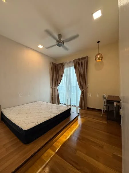 Bedroom features: wooden flooring, cream painted walls, 5-blade ceiling fan with light, floor-to-ceiling window, sheer curtains, decorative pendant light, single bed mattress, study desk; style: modern; view: city.