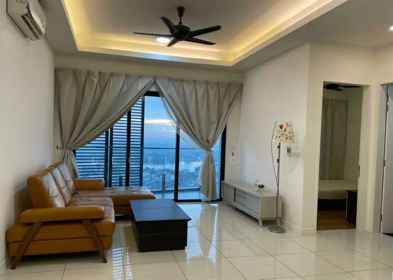 Living features: 3-seater leather sofa in brown, coffee table, floor-to-ceiling windows, sheer curtains, recessed downlights, white painted walls, glossy tile flooring, ceiling fan, TV console, city view; style: modern; view: city. Room features: white painted walls, wood flooring, doorway leading to another room.