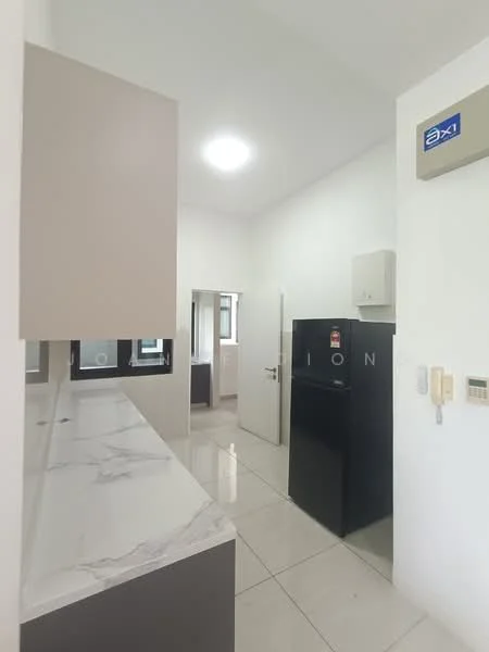 Kitchen features: white marble countertop, black refrigerator, white wall cabinets, grey lower cabinets, ceramic tile flooring, recessed ceiling lights, window with black frame, doorway leading to hallway; style: modern.