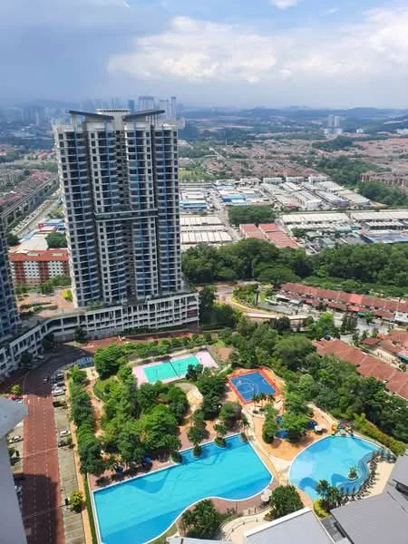 Exterior type: high-rise condominium; features: multiple swimming pools, landscape garden with greenery, children's playground, tennis court, BBQ pit, outdoor dining area, manicured lawns, surrounding residential area, city skyline in background; style: modern.