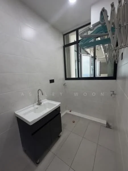 Laundry features: white ceramic sink, chrome faucet, black cabinetry, white tiled walls, grey tiled flooring, large window for natural light, folding drying rack, plumbing fixtures visible; style: modern.