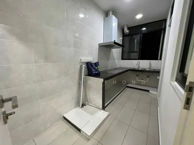 Kitchen features: grey tiled walls, white tiled flooring, stainless-steel sink, double-bowl stainless-steel sink, chrome pull-down faucet, black countertop, built-in kitchen cabinets, ventilation hood, window with black frame, open shelving, utility area with drainage, wall-mounted exhaust fan; style: modern.