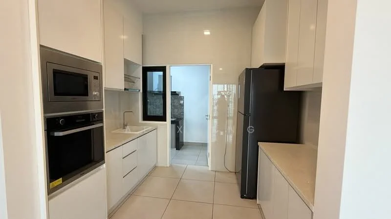 Kitchen features: white cabinetry, stainless-steel built-in oven, stainless-steel microwave, stainless-steel fridge, single-bowl stainless-steel sink, chrome pull-down faucet, quartz countertop, tile backsplash, ceramic tile flooring, recessed downlights, window with black frame, open shelving, kitchen island, wall-mounted cabinets; style: modern.