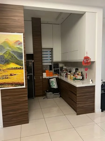 Kitchen features: white cabinetry, brown wood cabinetry, stainless-steel fridge, ceramic tile flooring, countertop with storage, kitchen sink, wall-mounted shelves, decorative artwork, window with blinds, various kitchen appliances, bottled beverages, kitchen utensils; style: modern.