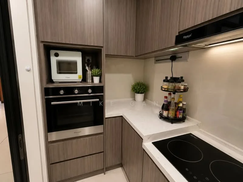 Kitchen features: laminate cabinetry in wood finish, white quartz countertop, built-in oven, microwave oven, induction cooktop, circular spice rack, potted plant, recessed lighting, tile backsplash, neutral wall color, floor tiles, kitchen appliances in stainless steel; style: modern.