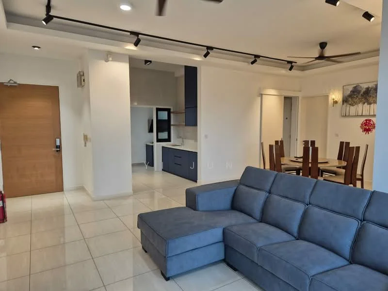 Living features: grey fabric sectional sofa, coffee table, wall-mounted TV, recessed LED downlights, 5-blade ceiling fan, white painted walls, glossy tile flooring, decorative wall art, open layout to dining area; style: modern. Dining features: 6-seater dining table, wooden dining chairs, white painted walls, glossy tile flooring, recessed LED downlights; style: modern. Kitchen features: white cabinetry, black countertops, built-in oven, stainless-steel sink, chrome pull-down faucet, open layout to dining area; style: modern.