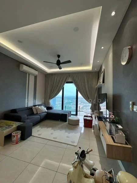 Living features: L-shape sectional sofa in black, coffee table, wall-mounted TV, TV console, area rug with geometric pattern, 5-blade ceiling fan with light, floor-to-ceiling windows, curtains, recessed downlights, decorative wall clock, cream painted walls, tile flooring; style: modern; view: city.