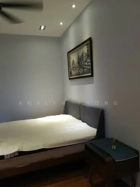 Bedroom features: queen-size bed, upholstered headboard, wooden bedside table, recessed downlights, ceiling fan, grey painted walls, wooden flooring, framed artwork on wall; style: modern.