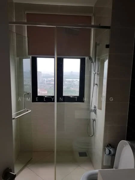 Bathroom features: glass shower enclosure, rain shower head, handheld shower, chrome shower controls, white toilet, large window with city view, neutral tile flooring, light grey wall tiles, towel rail, built-in shower shelf; style: modern; view: city.
