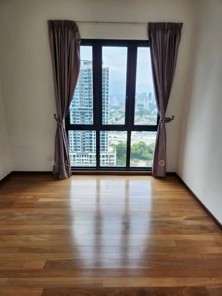 Room features: wooden flooring, white painted walls, floor-to-ceiling windows, curtains, city view; style: modern; view: city.