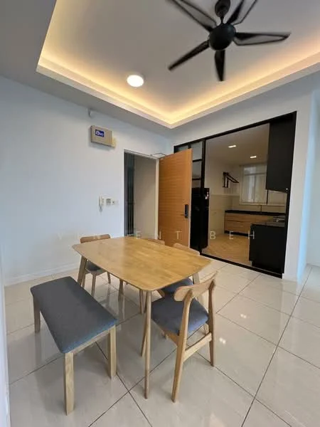 Dining features: rectangular wooden dining table, 4 wooden dining chairs, grey upholstered bench, white painted walls, recessed ceiling lights, ceiling fan with 5 blades, glossy tile flooring, open layout to kitchen; style: modern. Kitchen features: black cabinetry, stainless-steel appliances, countertop with backsplash, window above sink, open layout to dining area; style: modern.